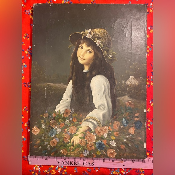 Vintage OIL ON CANVAS Young Girl Holding Basket Of Flowers Signed K. GROPIUS - Picture 2 of 13